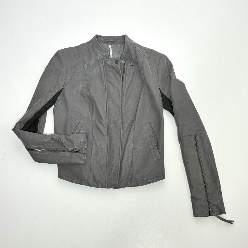 Free People Cool & Clean Vegan, Faux Leather Moto Jacket Slate Gray 4